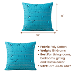 Handcrafted Turquoise Cushion Cover – 16"x16" | Decorative Bead & Thread Work | Premium Poly Cotton