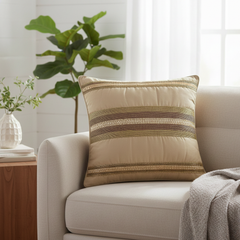 Handcrafted Khaki Cushion Cover – 16"x16" | Striped Embellished Design | Premium Poly Cotton