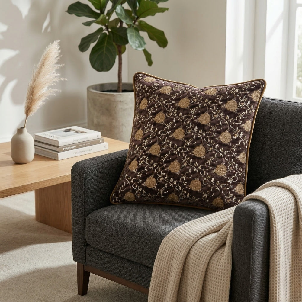 Fabric Crafted Cushion Cover – Brown | 16"x16" | Poly Chenille Fabric | Embroidered Floral Vine Design