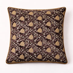 Fabric Crafted Cushion Cover – Brown | 16"x16" | Poly Chenille Fabric | Embroidered Floral Vine Design