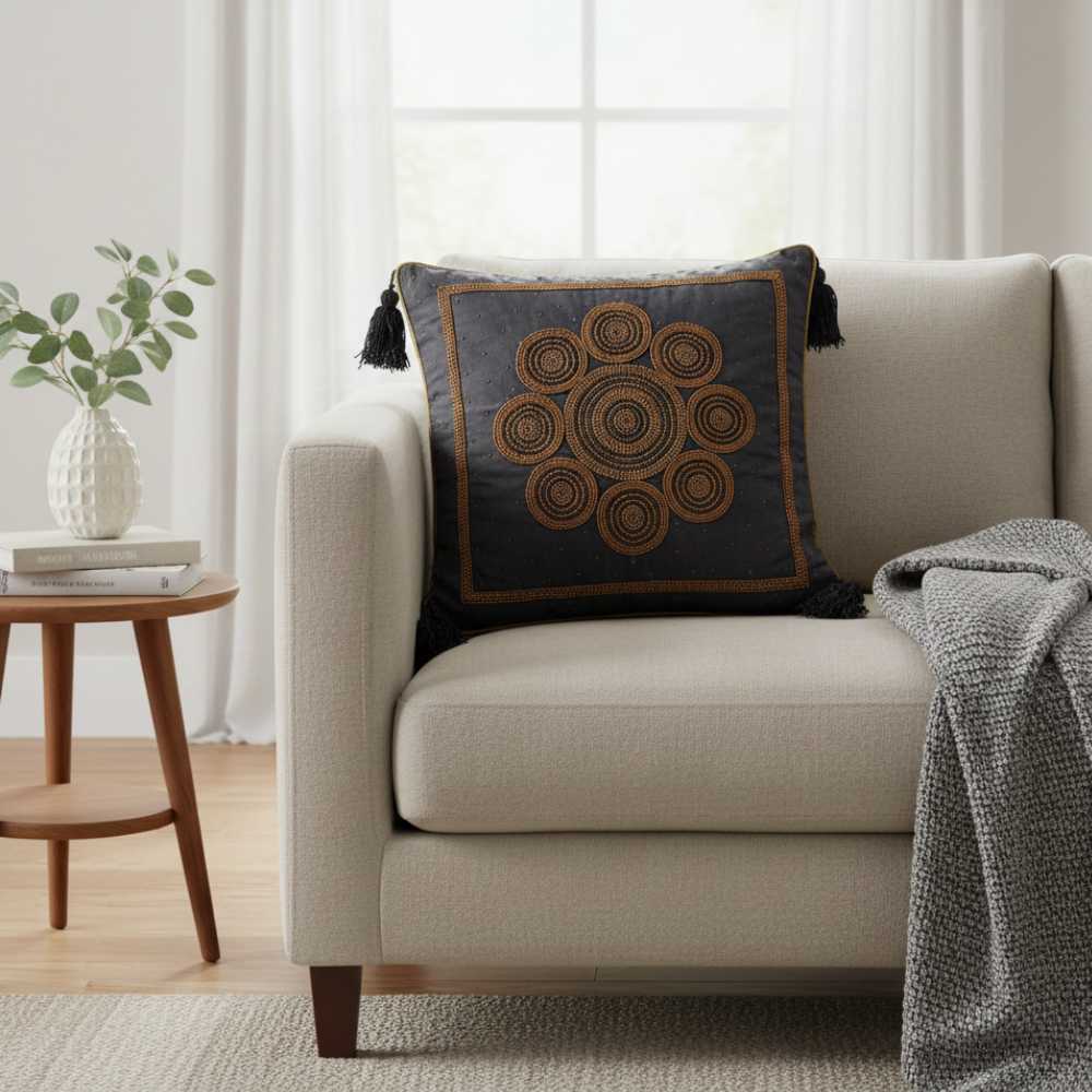 Handcrafted Black Cushion Cover – 16"x16" | Royal Mandala Embroidery | Tassel Detailing | Premium Poly Cotton