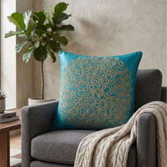 Machine Crafted Turquoise Cushion Cover – 16"x16" | Elegant Gold Floral Embroidery | Premium Poly-Cotton Decorative Cushion Cover