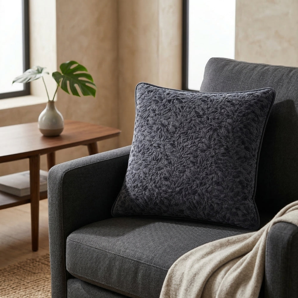 Fabric Crafted Cushion Cover – Black | 12"x12" | Poly Chenille Fabric | Textured Leaf Pattern