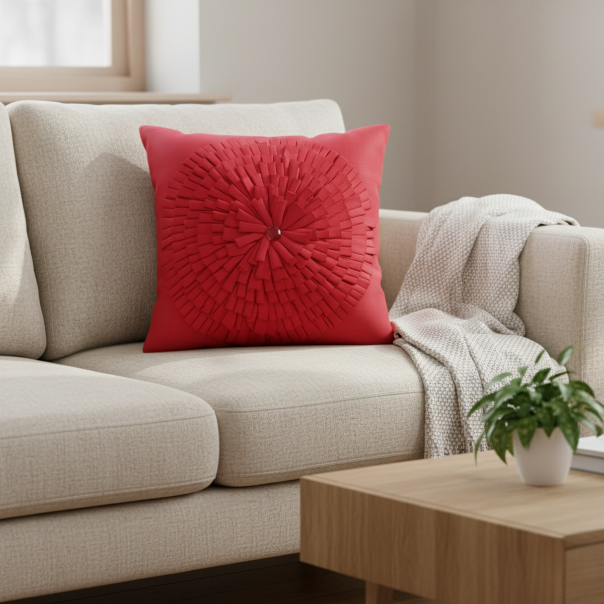 Fabric Crafted Red Cushion Cover – 16"x16" | Premium Poly Cotton