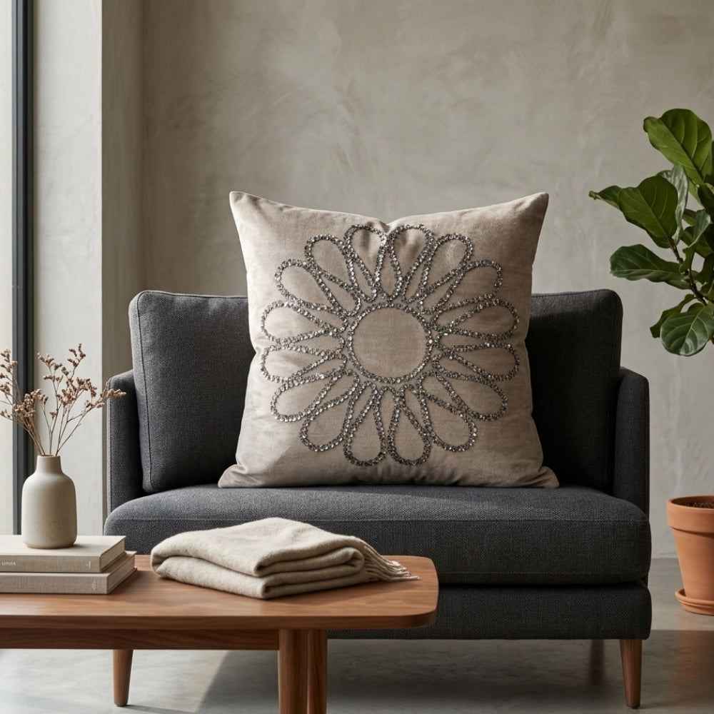 Hand Crafted Cushion Cover – Khaki | 16"x16" | Poly Cotton Fabric | Floral Design