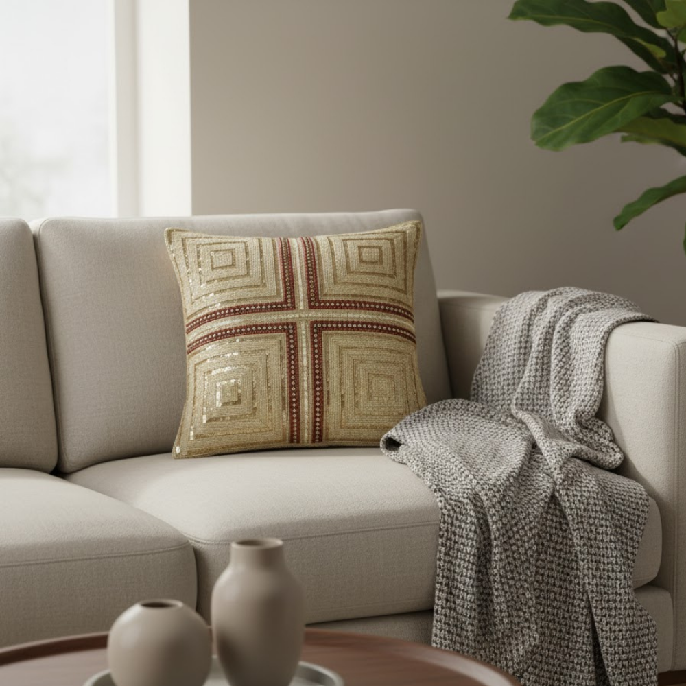 Handcrafted Beige Cushion Cover – 16"x16" | Heavy Poly Cotton | Premium Embroidered Square Design