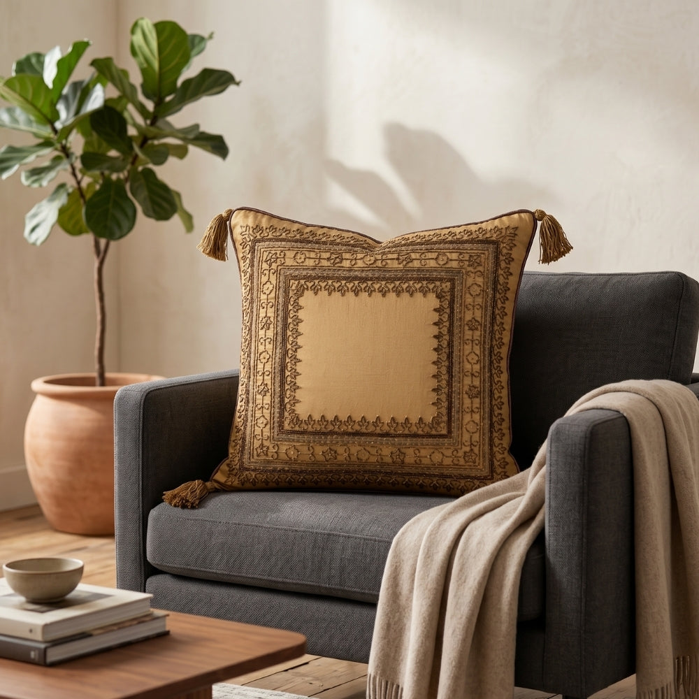 Handcrafted Cushion Cover – Golden | 16"x16" | Elegant Tassel Border Decorative Cushion Cover