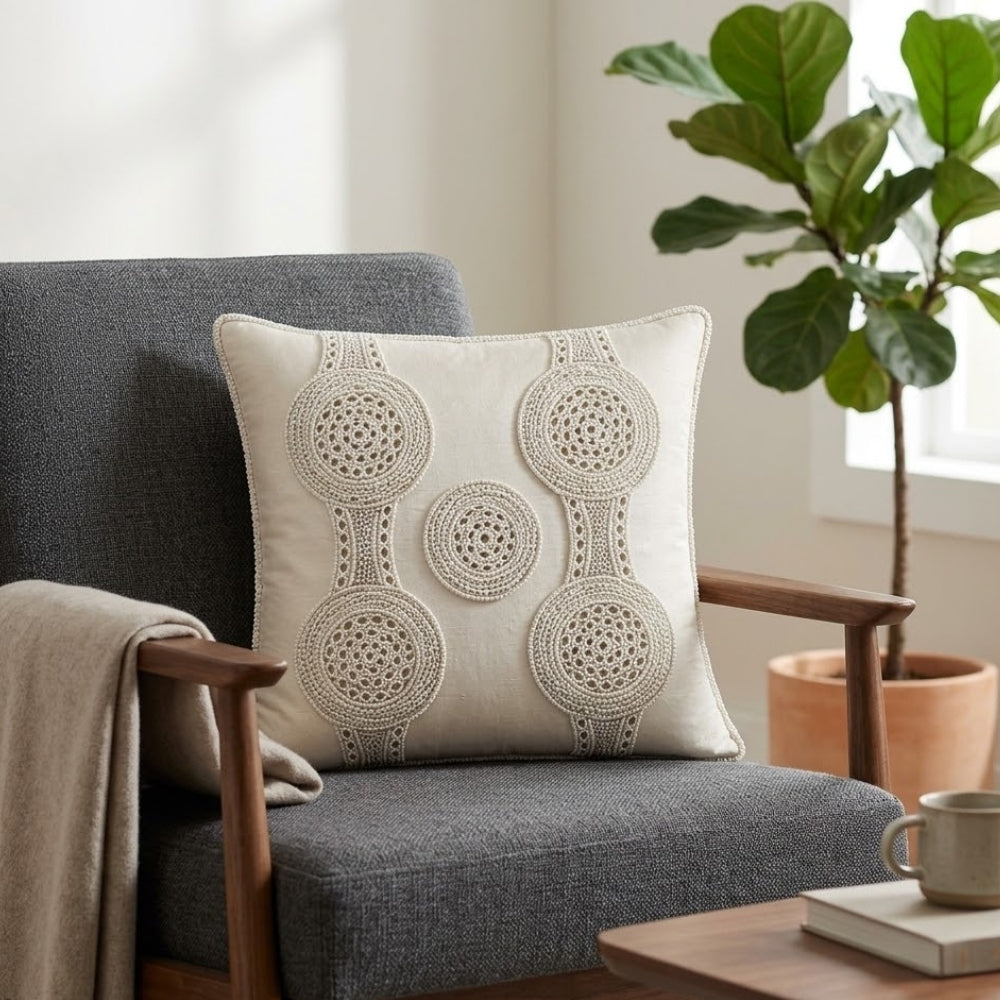 Handcrafted Cushion Cover – White | 12"x12" | Elegant Poly Cotton Cushion Cover