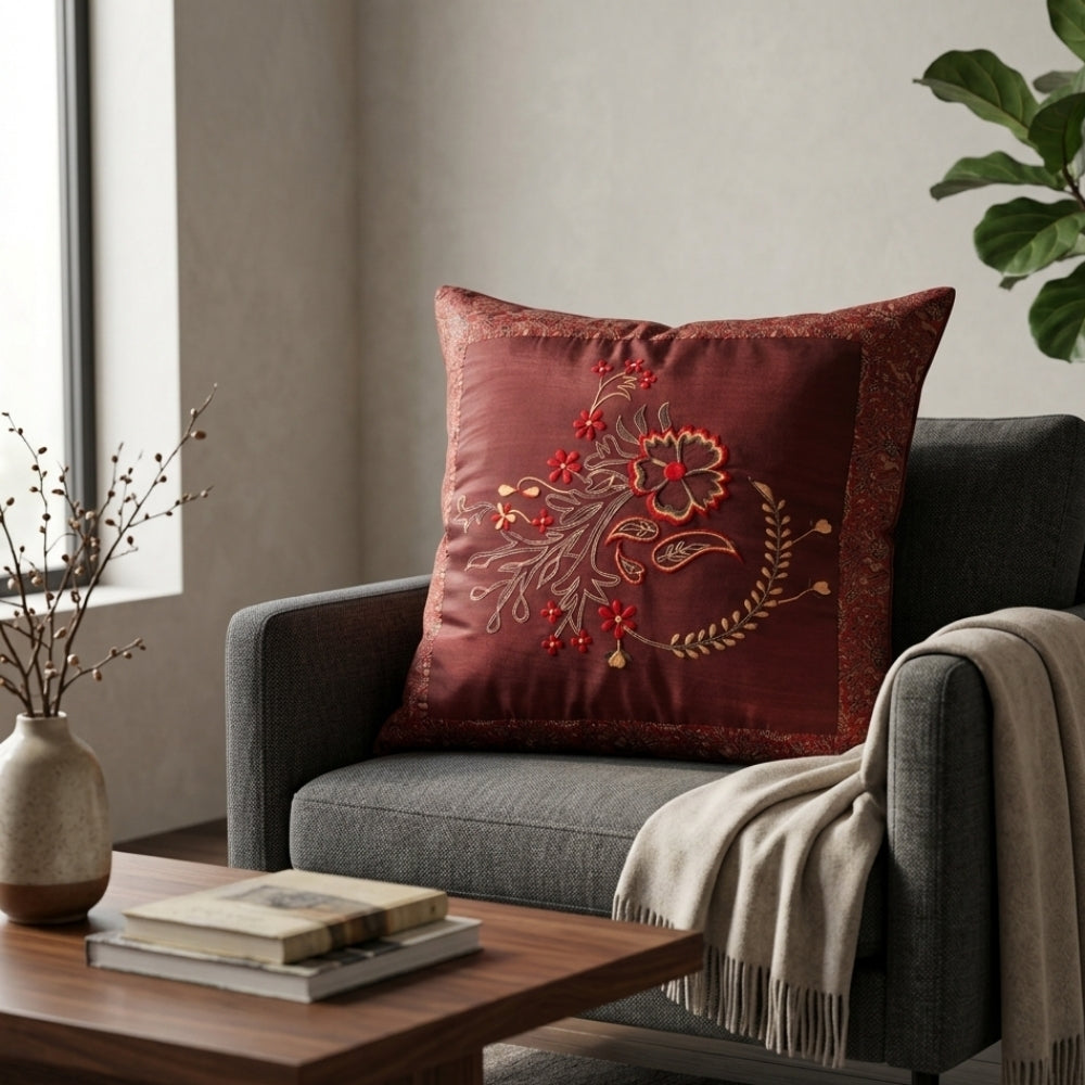 Fabric Crafted Cushion Cover – Burgundy | 16"x16" | Poly Cotton Fabric | Embroidered Floral Design