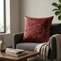 Fabric Crafted Cushion Cover – Burgundy | 16"x16" | Poly Cotton Fabric | Embroidered Floral Design