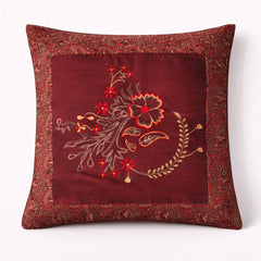 Fabric Crafted Cushion Cover – Burgundy | 16"x16" | Poly Cotton Fabric | Embroidered Floral Design