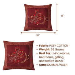 Fabric Crafted Cushion Cover – Burgundy | 16"x16" | Poly Cotton Fabric | Embroidered Floral Design