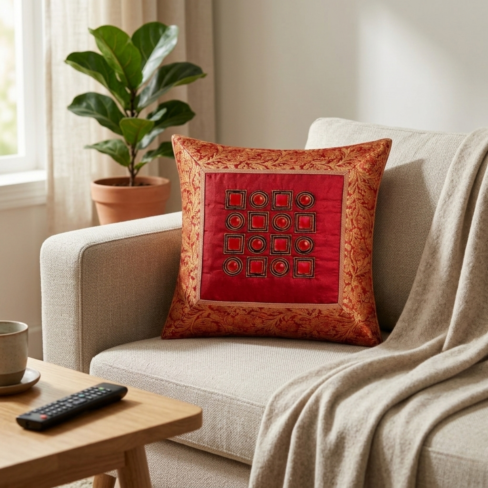 Hand Crafted Cushion Cover – Maroon | 12"x12" | Poly Cotton | Geometric Embroidery Design