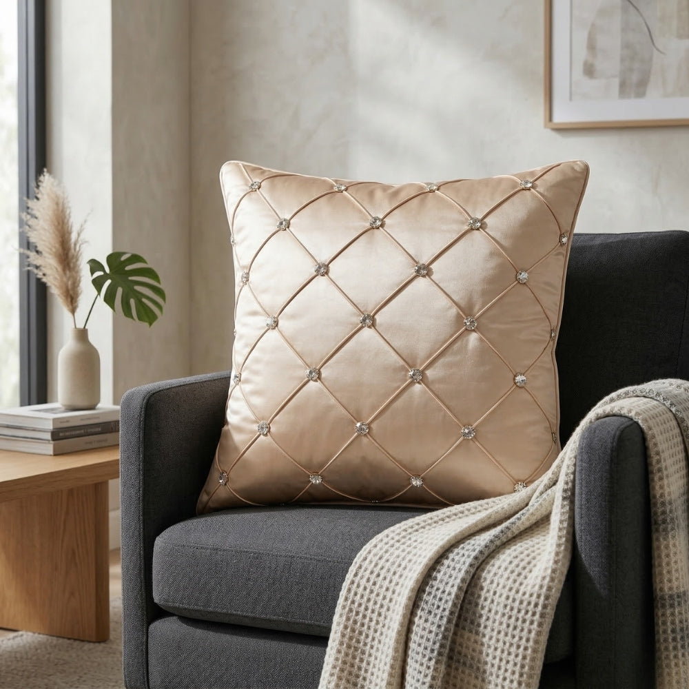 Hand Crafted Cushion Cover – Light Gold | 16"x16" | Poly Chenille-Cotton | Diamond Tufted Design