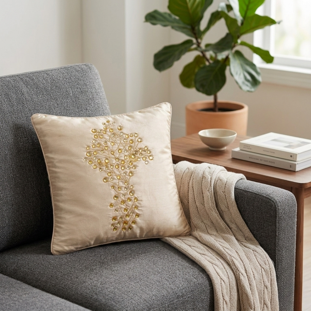 Hand Crafted Cushion Cover – Cream | 12"x12" | Poly Cotton | Embroidered Floral Design