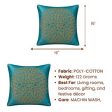 Machine Crafted Turquoise Cushion Cover – 16"x16" | Elegant Gold Floral Embroidery | Premium Poly-Cotton Decorative Cushion Cover