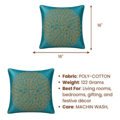 Machine Crafted Turquoise Cushion Cover – 16"x16" | Elegant Gold Floral Embroidery | Premium Poly-Cotton Decorative Cushion Cover