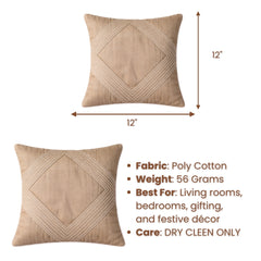 Fabric Crafted Cushion Cover – Camel | 12"x12" | Poly Cotton | Elegant Stitched Geometric Design