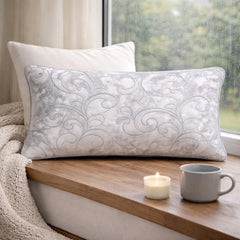 Machine Crafted Bolster Cover – White (Silver Tone) | 20"x8" | Poly Chenille Fabric | Embroidered Scroll Design