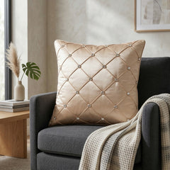 Hand Crafted Cushion Cover – Light Gold | 16"x16" | Poly Chenille-Cotton | Diamond Tufted Design