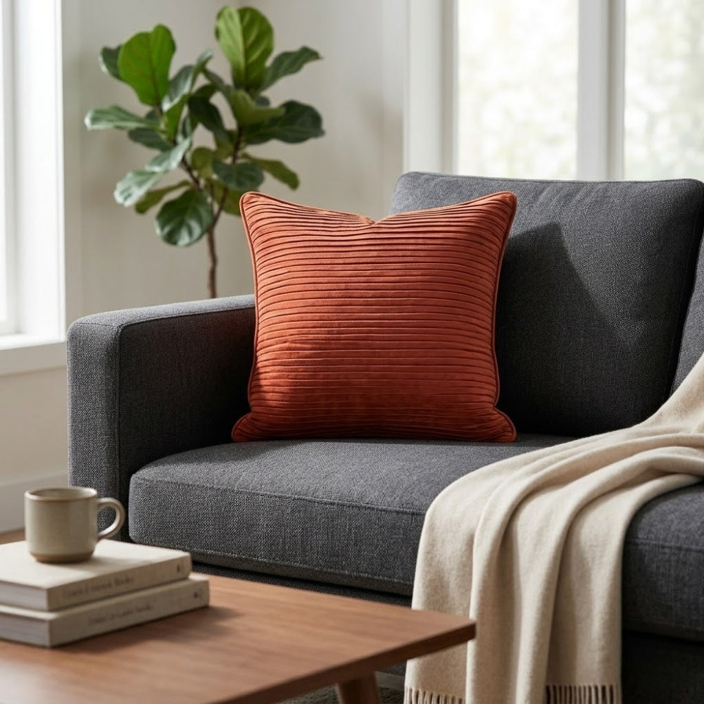 Fabric Crafted Cushion Cover – Melon | 12"x12" | Poly Cotton Foam | Ribbed Texture Design