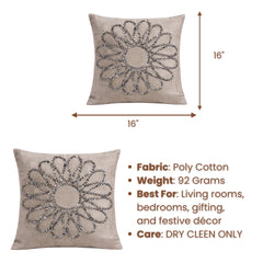 Hand Crafted Cushion Cover – Khaki | 16"x16" | Poly Cotton Fabric | Floral Design