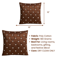 Handcrafted Brown Cushion Cover – 16"x16" | Premium Poly Cotton | Crystal-Studded Diamond Quilting | Luxury Home & Festive Décor
