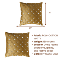 Handcrafted Khaki Cushion Cover – 16"x16" | Premium Poly-Cotton Matty | Crystal-Studded Diamond Quilting | Elegant Neutral Décor