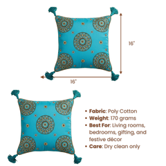 Handcrafted Turquoise Cushion Cover – 16"x16", Premium Poly Cotton