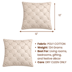 Hand Crafted Cushion Cover – Beige | 12"x12" | Poly Cotton | Diamond Button Tufted Design