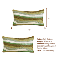 Handcrafted Green Bolster Cover – 19"x8", Artistic Wave Embroidery in Premium Poly Cotton