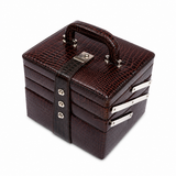 Luxury Brown Crocodile Leather Jewellery Vanity Box with Mirror, Multi-Layer Expandable Storage & Portable Travel Organizer (20.32 × 17.27 × 16.51 cm)