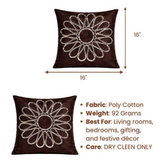 Hand Crafted Cushion Cover – Brown | 16"x16" | Poly Cotton Fabric | Stone Work Floral Design