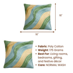 Fabric Crafted Cushion Cover – Green | 16"x16" | Poly Cotton Fabric | Modern Wavy Printed Design