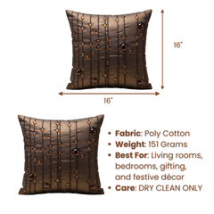 Handcrafted Brown Cushion Cover – 16"x16" | Decorative Bead & Thread Work | Premium Poly Cotton