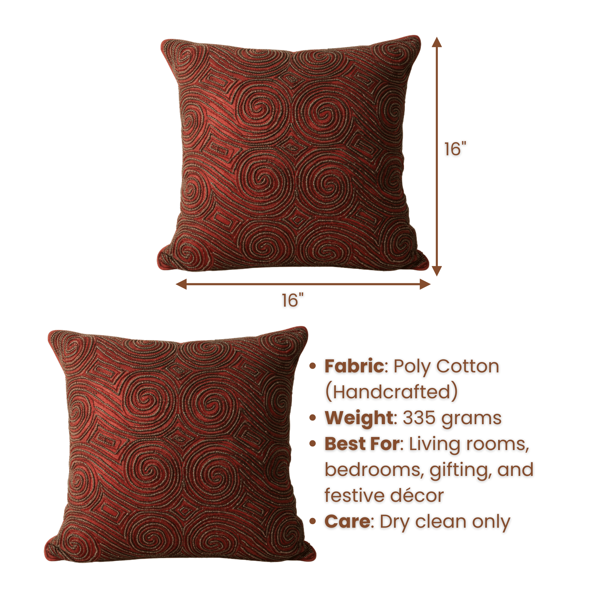 Handcrafted Maroon Cushion Cover – 16"x16", Premium Poly Cotton