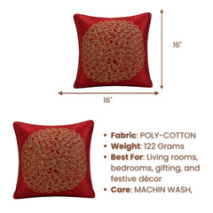 Machine Crafted Maroon Cushion Cover – 16"x16" | Elegant Gold Floral Embroidery | Premium Poly-Cotton Decorative Cushion Cover