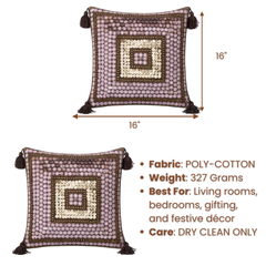 Handcrafted Brown Cushion Cover – 16"x16" | Square Embellished Design with Tassels | Premium Poly Cotton