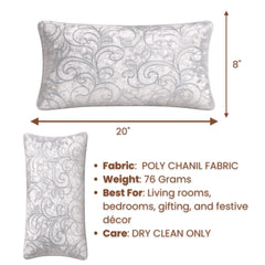 Machine Crafted Bolster Cover – White (Silver Tone) | 20"x8" | Poly Chenille Fabric | Embroidered Scroll Design