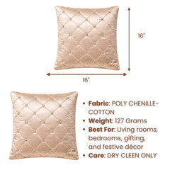 Hand Crafted Cushion Cover – Light Gold | 16"x16" | Poly Chenille-Cotton | Diamond Tufted Design