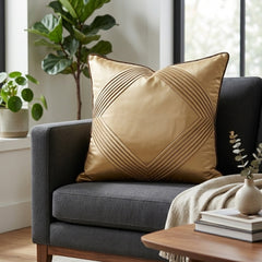Fabric Crafted Cushion Cover – Beige | 16"x16" | Poly Cotton | Elegant Stitched Geometric Design
