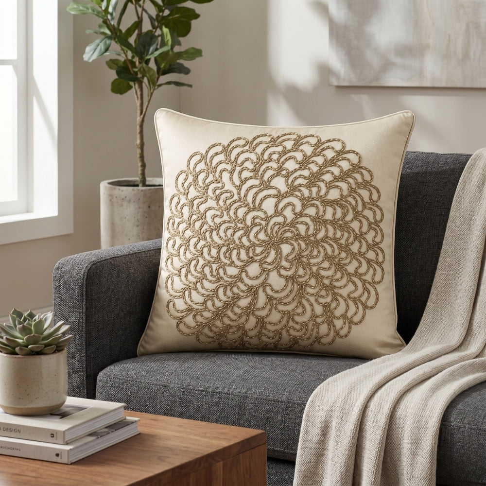 Machine Crafted Beige Cushion Cover – 16"x16" | Elegant Gold Floral Embroidery | Premium Poly-Cotton Decorative Cushion Cover