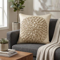 Machine Crafted Beige Cushion Cover – 16"x16" | Elegant Gold Floral Embroidery | Premium Poly-Cotton Decorative Cushion Cover
