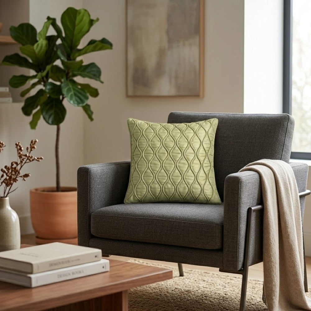 Fabric Crafted Cushion Cover – Green | 12"x12" | Poly Cotton Fabric | Elegant Embossed Wavy Pattern Design