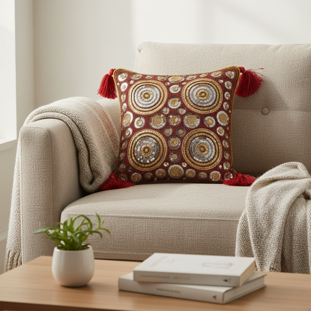 Handcrafted Maroon Cushion Cover – 12"x12", Premium Poly Cotton