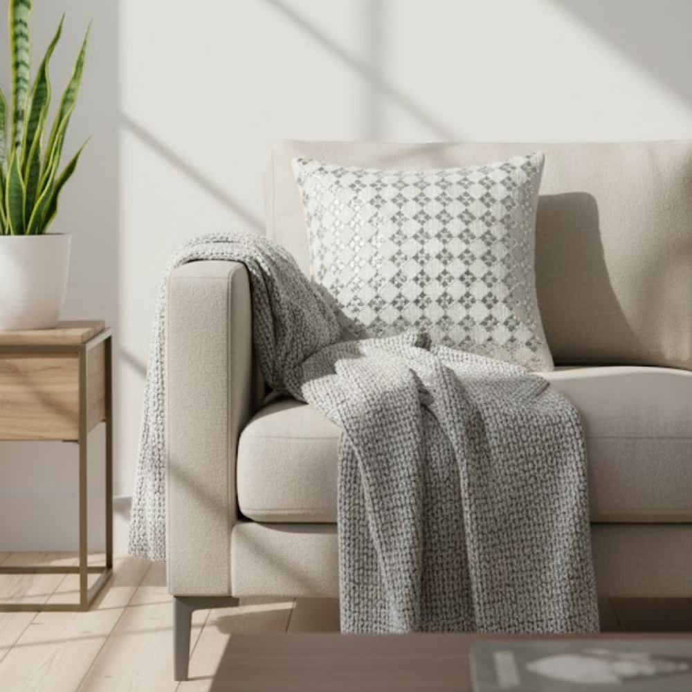 Handcrafted White Cushion Cover – 12"x12" | Elegant Silver Geometric Embroidery | Premium Poly Cotton