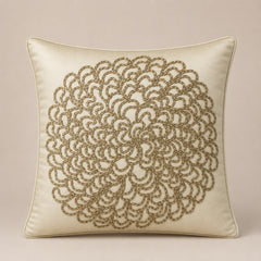 Machine Crafted Beige Cushion Cover – 16"x16" | Elegant Gold Floral Embroidery | Premium Poly-Cotton Decorative Cushion Cover