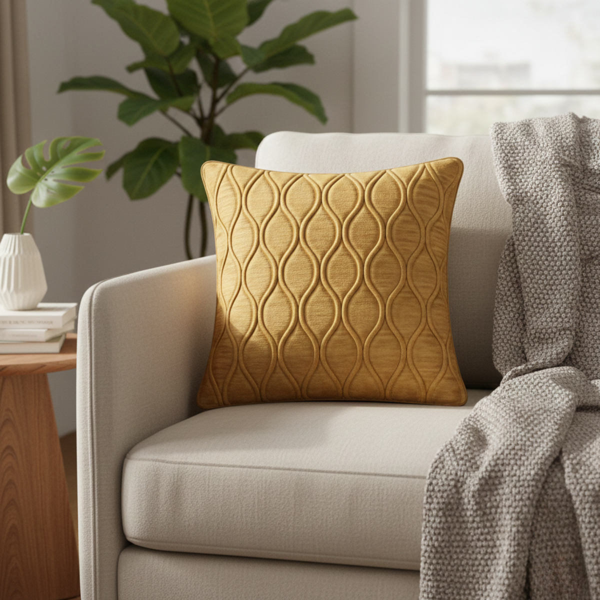 Fabric-Crafted Gold Cushion Cover – 12"x12" | Elegant Wave Texture | Premium Poly Cotton