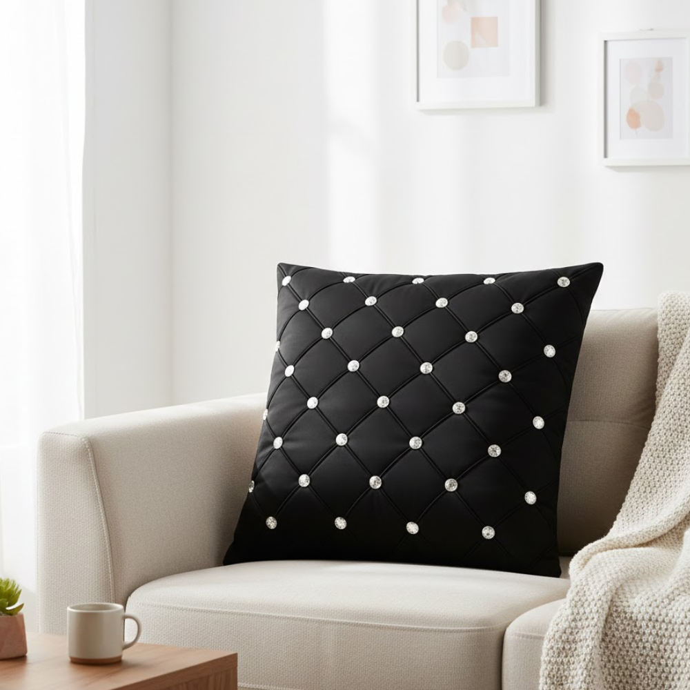 Handcrafted Black Cushion Cover – 16"x16" | Poly Cotton | Diamond-Quilted Texture with Crystal Accents | Luxe Modern Décor