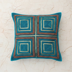 Handcrafted Turquoise Cushion Cover – 16"x16" | Heavy Embroidered Square Design | Premium Poly Cotton
